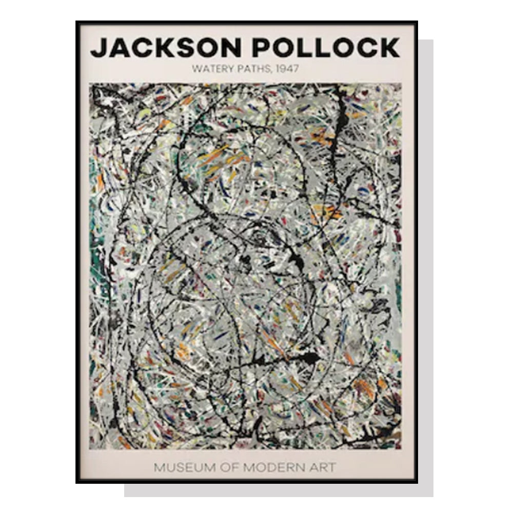 70cmx100cm Jackson Pollock Exhibition III canvas wall art in a black frame, showcasing vibrant colors and abstract patterns.